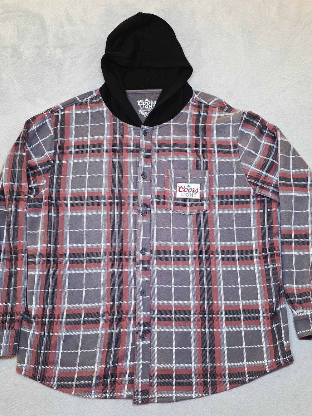 Coors Light Red & Gray Plaid Hooded Button-Up Shirt Jacket